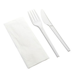 Set de Cubiertos Compostables Blancos, Tenedor, Cuchillo y Servilleta (50 Uds)