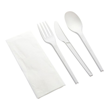 Set de Cubiertos Compostables Blancos, Tenedor, Cuchara, Cuchillo y Servilleta (50 Uds)