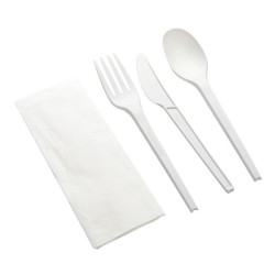Set de Cubiertos Compostables Blancos, Cuchara, Tenedor, Cuchillo y Servilleta (500 Uds)