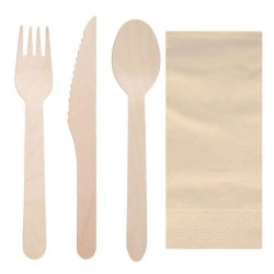 Set de Cubiertos Madera, Tenedor, Cuchara, Cuchillo y Servilleta (100 Uds)