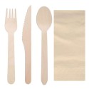 Set de Cubiertos Madera, Tenedor, Cuchara, Cuchillo y Servilleta (50 Uds)
