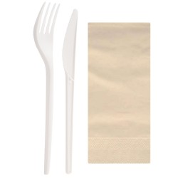 Set de Cubiertos Compostables Blancos, Tenedor, Cuchillo y Servilleta (50 Uds)