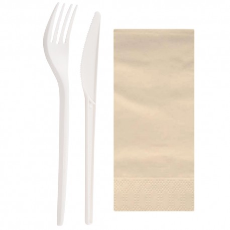 Set de Cubiertos Compostables Blancos, Tenedor, Cuchillo y Servilleta (500 Uds)