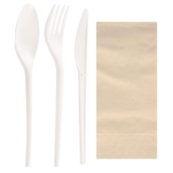 Set de Cubiertos Compostables Blancos, Cuchara, Tenedor, Cuchillo y Servilleta (500 Uds)