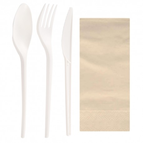 Set de Cubiertos Compostables Blancos, Cuchara, Tenedor, Cuchillo y Servilleta (500 Uds)