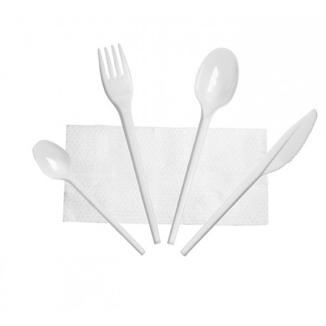 Set de Cubiertos, Tenedor, Cuchara, Cuchillo, Cucharita Postre-Café y Servilleta (500 Uds)