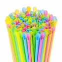 Pajitas de Plástico PP Reutilizables con Cucharita Neón Ø6mm x 20cm (100 Uds)