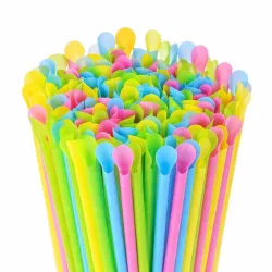 Pajitas de Plástico PP Reutilizables con Cucharita Neón Ø6mm x 20cm (6.000 Uds)